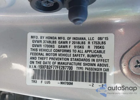 2015 Honda Civic Se z USA, uszkodzony, nr VIN 19XFB2F77FE287700